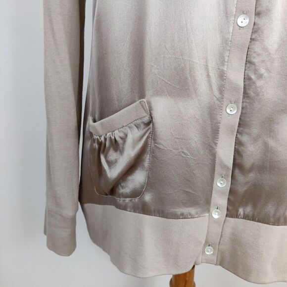 Chico's Silk Button Front Cardigan Size Large / 2 Champagne Tan Cotton Modal - Picture 3 of 8